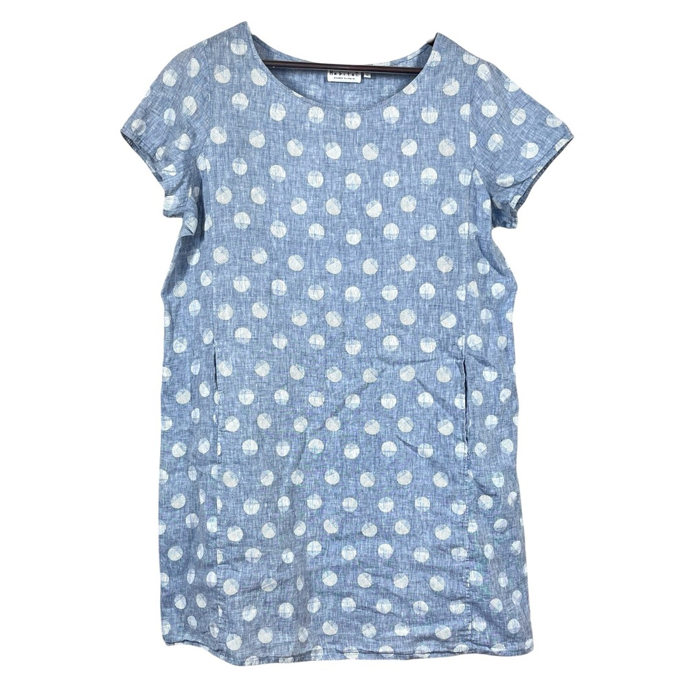Habitat Clothes To Live In 100% Linen Shift Dress Sz XL Blue Polka Dot Lagenlook